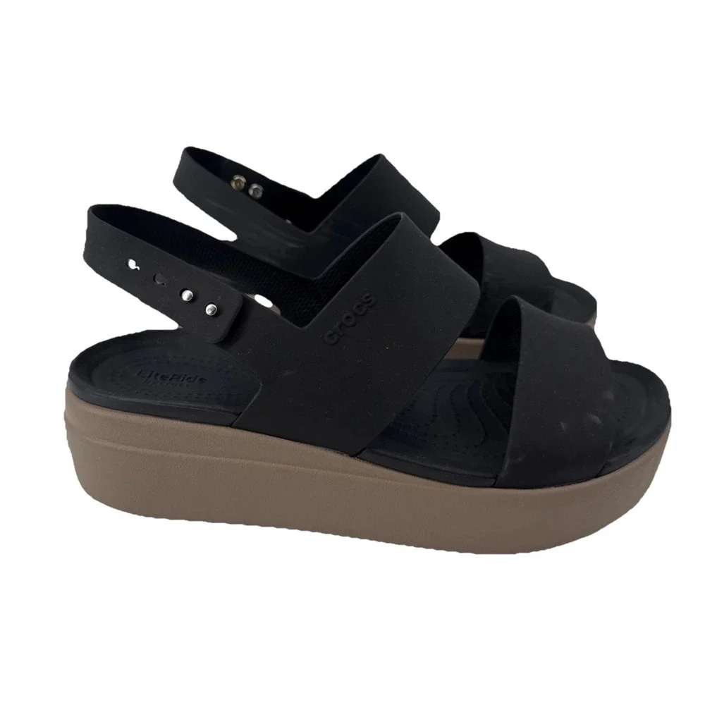 Crocs Brooklyn Low Wedge Platform Sandals Women 9 Black Cashew Strappy Slingback